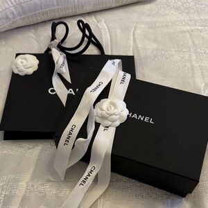Chanel Black bag, box , 2 flowers and ribbon
